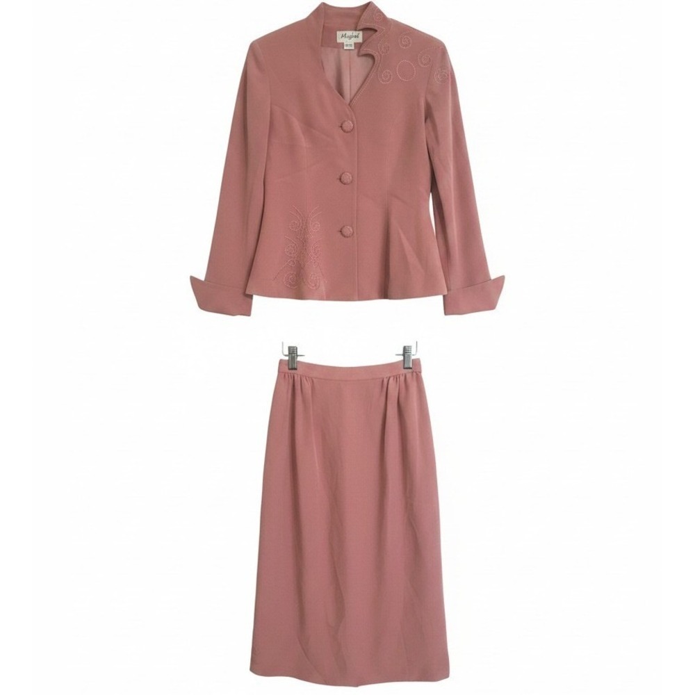 Misho 100% Silk Skirt Suit Set, Soft Rose Pink Embroidered Blazer Woman's Size 6